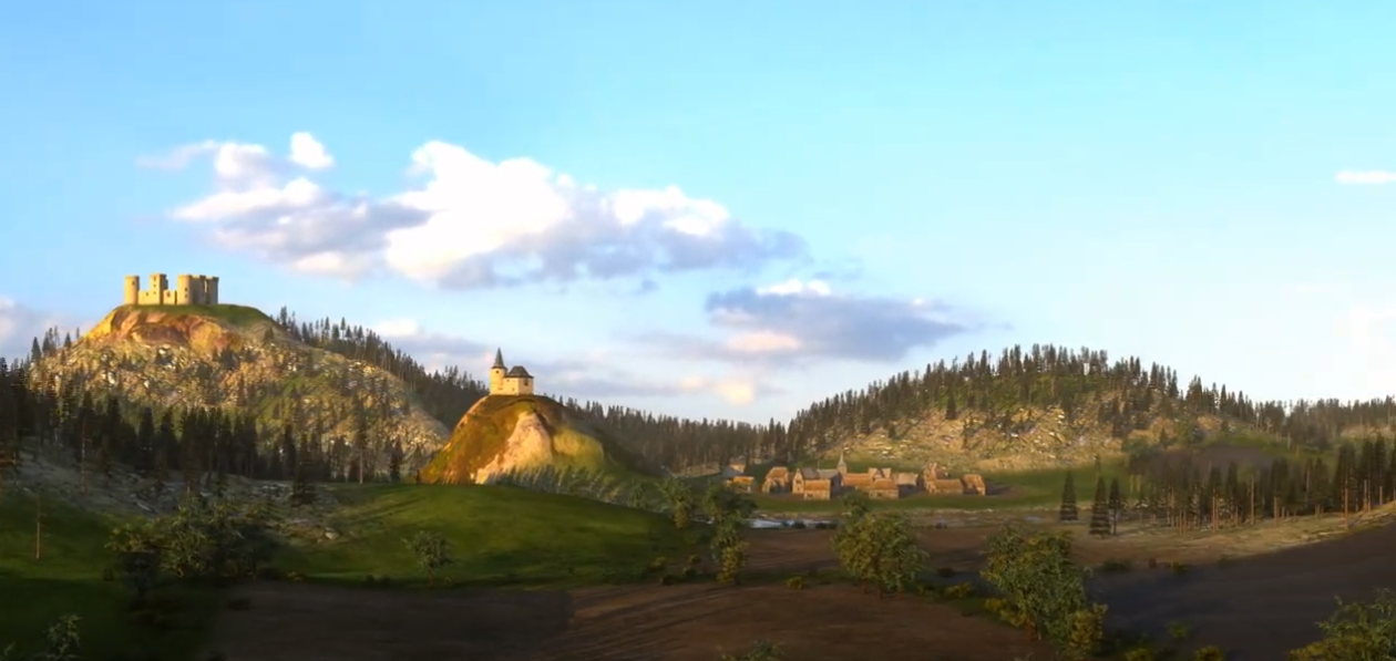 Image of several 3D assets, a castle, a town, rendered in a wilderness scene.